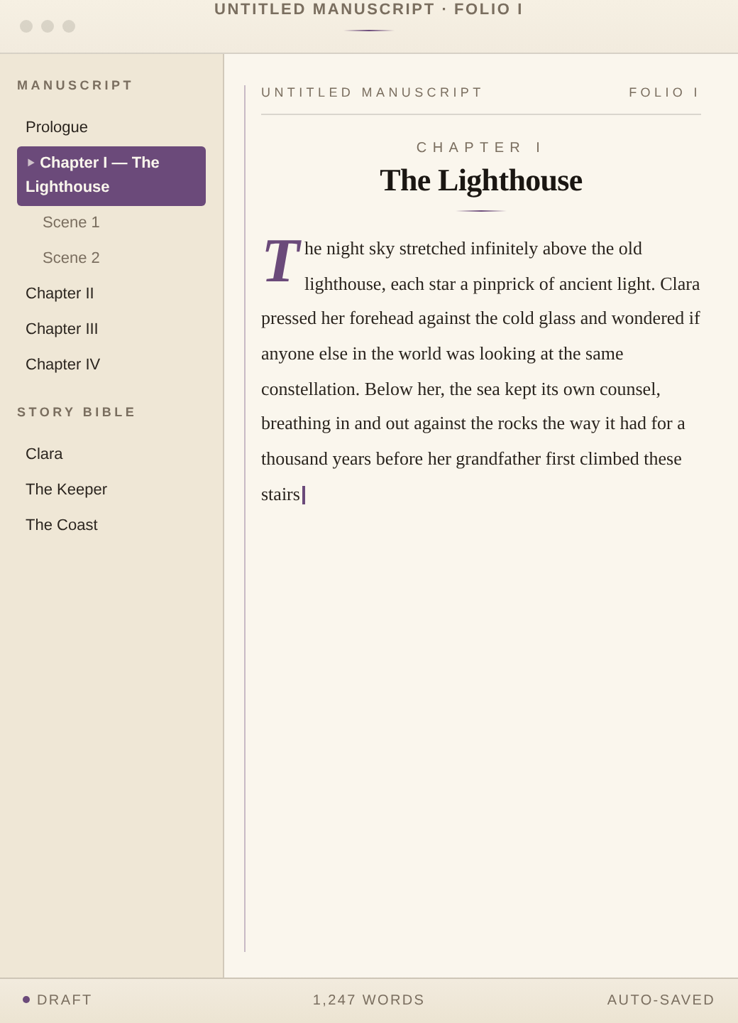 The Nebula desktop editor showing the first chapter of a draft titled 'The Lighthouse'. A left sidebar lists chapters (Prologue, the selected Chapter I, two scenes, Chapter II, III, and IV) and the story bible (Clara, The Keeper, The Coast). The main pane shows the opening paragraph with a drop cap. A status bar reads: Draft · 1,247 words · auto-saved.